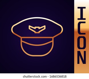 Gold line Pilot hat icon isolated on black background.  Vector Illustration