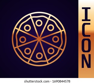 Gold line Pizza icon isolated on black background. Fast food menu.  Vector Illustration