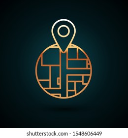 Gold line Placeholder on map paper in perspective icon isolated on dark blue background.  Vector Illustration