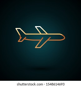 Gold line Plane icon isolated on dark blue background. Flying airplane icon. Airliner sign.  Vector Illustration