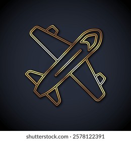 Gold line Plane icon isolated on black background. Flying airplane icon. Airliner sign.  Vector