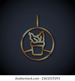 Gold line Plant in hanging pot icon isolated on black background. Decorative macrame handmade hangers for flower pot, hang indoor plants.  Vector