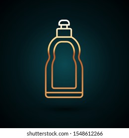 Gold line Plastic bottle for liquid laundry detergent, bleach, dishwashing liquid or another cleaning agent icon isolated on dark blue background.  Vector Illustration