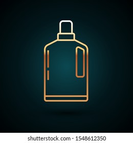 Gold line Plastic bottle for liquid laundry detergent, bleach, dishwashing liquid or another cleaning agent icon isolated on dark blue background.  Vector Illustration