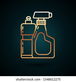 Gold line Plastic bottles for liquid laundry detergent, bleach, dishwashing liquid or another cleaning agent icon isolated on dark blue background.  Vector Illustration