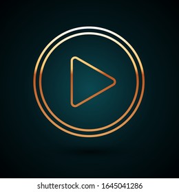 Gold line Play in circle icon isolated on dark blue background.  Vector Illustration