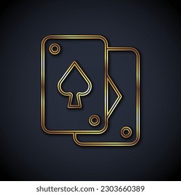 Gold line Playing cards icon isolated on black background. Casino gambling.  Vector