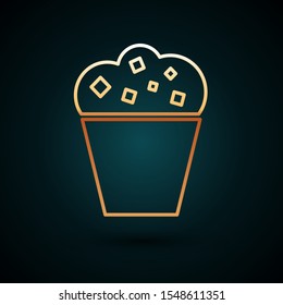 Gold line Popcorn in cardboard box icon isolated on dark blue background. Popcorn bucket box.  Vector Illustration