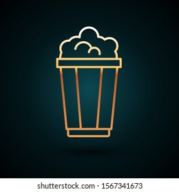 Gold line Popcorn in cardboard box icon isolated on dark blue background. Popcorn bucket box.  Vector Illustration