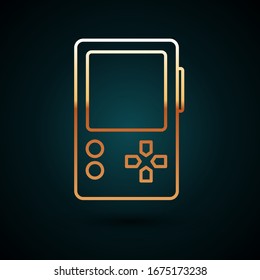 Gold line Portable video game console icon isolated on dark blue background. Gamepad sign. Gaming concept.  Vector Illustration
