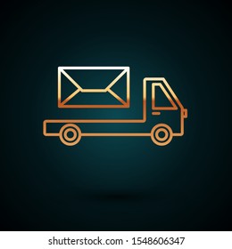 Gold line Post truck icon isolated on dark blue background. Mail car. Vehicle truck transport with envelope or letter.  Vector Illustration