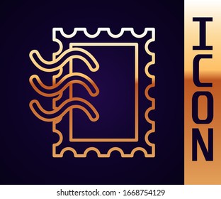 Gold line Postal stamp icon isolated on black background.  Vector Illustration