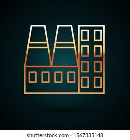 Gold line Power station plant and factory icon isolated on dark blue background. Energy industrial concept.  Vector Illustration