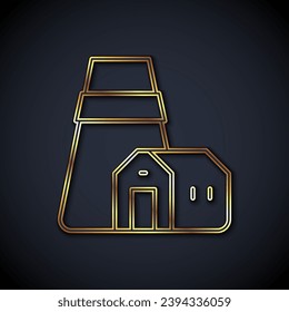 Gold line Power station plant and factory icon isolated on black background. Energy industrial concept.  Vector