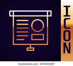 Gold line Presentation board with graph, schedule, chart, diagram, infographic, pie graph icon isolated on black background.  Vector Illustration