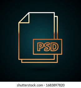 Gold line PSD file document. Download psd button icon isolated on dark blue background. PSD file symbol.  Vector Illustration