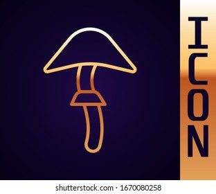 Gold line Psilocybin mushroom icon isolated on black background. Psychedelic hallucination.  Vector Illustration