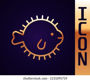 Gold line Puffer fish icon isolated on black background. Fugu fish japanese puffer fish.  Vector