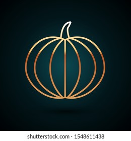 Gold line Pumpkin icon isolated on dark blue background. Happy Halloween party.  Vector Illustration