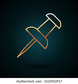 Gold line Push pin icon isolated on dark blue background. Thumbtacks sign.  Vector Illustration