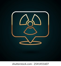 Gold line Radioactive in location icon isolated on dark blue background. Radioactive toxic symbol. Radiation Hazard sign.  Vector