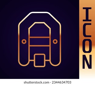 Gold line Rafting boat icon isolated on black background. Inflatable boat with paddles. Water sports, extreme sports, holiday, vacation.  Vector