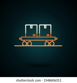 Gold line Railway carriage icon isolated on dark blue background.  Vector Illustration
