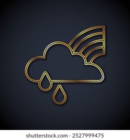 Linha dourada Arco-íris com nuvem e ícone de chuva isolado no fundo preto.  Vetor