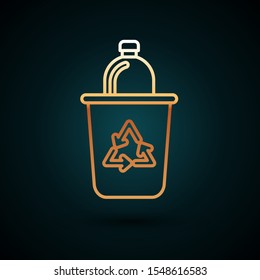 Gold line Recycle bin with recycle symbol icon isolated on dark blue background. Trash can icon. Garbage bin sign. Recycle basket sign.  Vector Illustration