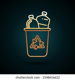 Gold line Recycle bin with recycle symbol icon isolated on dark blue background. Trash can icon. Garbage bin sign. Recycle basket sign.  Vector Illustration
