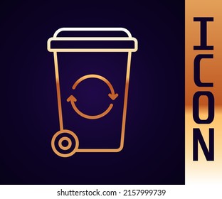 Gold line Recycle bin with recycle symbol icon isolated on black background. Trash can icon. Garbage bin sign. Recycle basket sign.  Vector