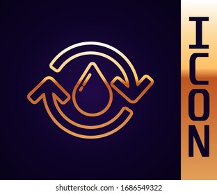 Gold line Recycle clean aqua icon isolated on black background. Drop of water with sign recycling.  Vector Illustration