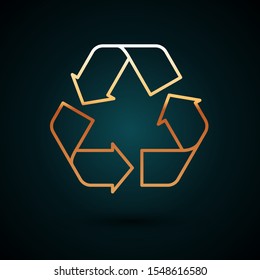 Gold line Recycle symbol icon isolated on dark blue background. Circular arrow icon. Environment recyclable go green.  Vector Illustration