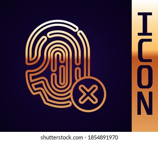 Gold line Rejection fingerprint icon isolated on black background. Access denied for user concept. Error, fraud. Identification sign. Touch id.  Vector