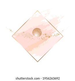 Gold line rhombus frame and pastel pink, rose stains, brush strokes and ball with golden texture on a white background. Vector design template for card, cover, poster. 