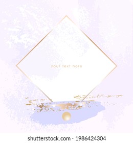 Gold line rhombus frame and pastel blue, lilac, white stains, dots, brush strokes on a pastel rose background. Vector design template for card, cover, poster. 