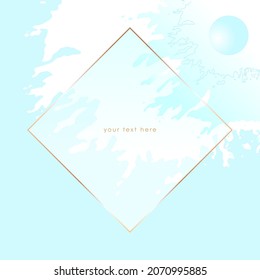 Gold line rhombus frame and white brush strokes and blue ball on a pastel blue background. Vector design template for card, cover, poster.