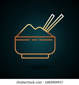 Gold line Rice in a bowl with chopstick icon isolated on dark blue background. Traditional Asian food.  Vector Illustration