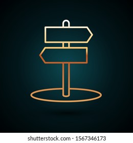 Gold line Road traffic sign. Signpost icon isolated on dark blue background. Pointer symbol. Isolated street information sign. Direction sign.  Vector Illustration