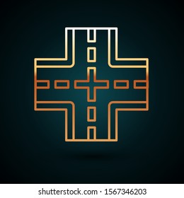 Gold line Road traffic sign. Signpost icon isolated on dark blue background. Pointer symbol. Isolated street information sign. Direction sign.  Vector Illustration