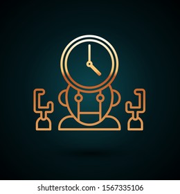 Gold line Robot and digital time manager icon isolated on dark blue background. Time management assistance, workflow optimization help.  Vector Illustration