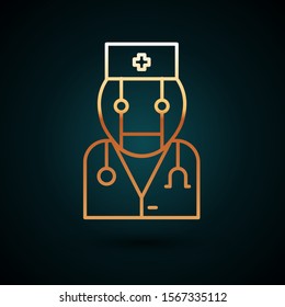 Gold line Robot doctor icon isolated on dark blue background. Medical online consultation robotic silhouette artificial intelligence.  Vector Illustration