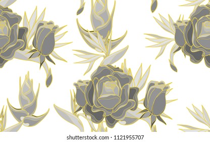 Gold line rose and paradise bird flower. Exotic flowers composition. Vector illustration. Botanical seamless background. Digital nature art.