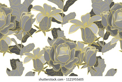 Gold line roses and blooming hawaiian flower. Palm leaves and exotic flowers composition. Vector illustration. Botanical seamless background. Digital nature art.