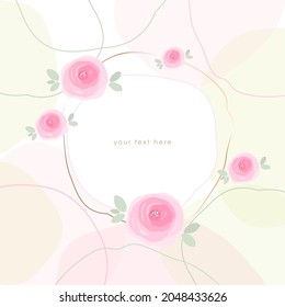 Gold line round frame with pink flowers, round pink and green lines, transparent pastel spots on a white background. Vector design template for card, cover, poster, social media.