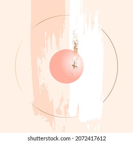 Marco redondo de línea dorada, bola rosa y blanco, melocotón, pinceladas doradas en un fondo desnudo. Plantilla de diseño de vectores para tarjetas, portadas, afiches, medios sociales. Obra de arte.