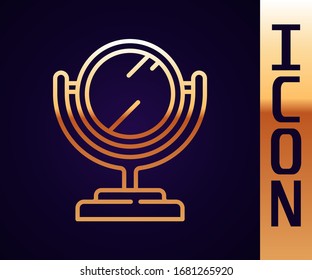 Goldene Linie Runde Schminkspiegel Symbol einzeln auf schwarzem Hintergrund. Vektorillustration-Illustration