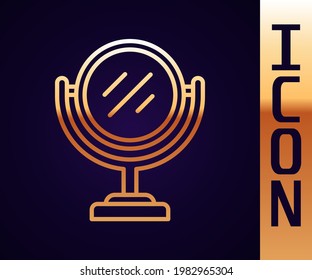 Gold line Round makeup mirror icon isolated on black background.  Vector