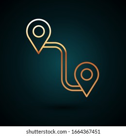 Icono de ubicación de la ruta dorada aislado en fondo azul oscuro. Asignar signo de puntero. Concepto de camino o camino. Navegador GPS. Ilustración vectorial