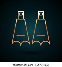 Gold line Rubber flippers for swimming icon isolated on dark blue background. Diving equipment. Extreme sport. Diving underwater equipment.  Vector Illustration
